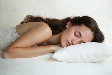 Obraz premium serene woman sleeping peacefully on white pillow, showcasing tranquility and relaxation. Her long hair cascades gently, enhancing calm atmosphere
