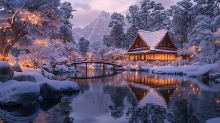幻想的な雪降る夜の古都・雪化粧した伝統的な町並みと温かな灯りの風景｜歴史ある町家と石畳の路地が織りなす日本の美｜冬の観光スポット・旅行写真におすすめの絶景スポット【絶景夜景・雪景色】