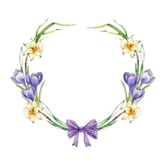 Springtime decorative floral wreath from primrose garden flowers illustration. Hand drawn daffodil, crocus flowers elegant decor on white background. For holiday festive decor and seasonal designs