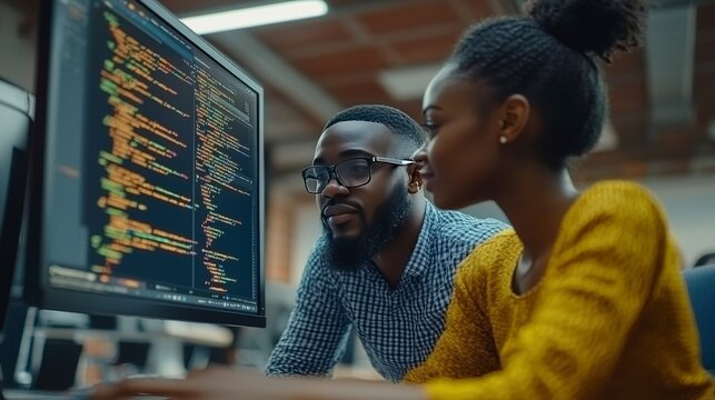 In an office setting, a pair of focused coders engage in intense analysis of code on their screens, highlighting the intersection of technology and human innovation.