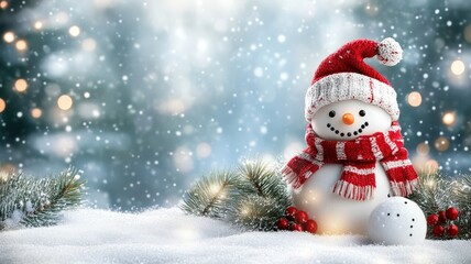 Obraz premium Cheerful snowman decoration snowy winter wonderland holiday scene outdoor environment close-up view festive spirit