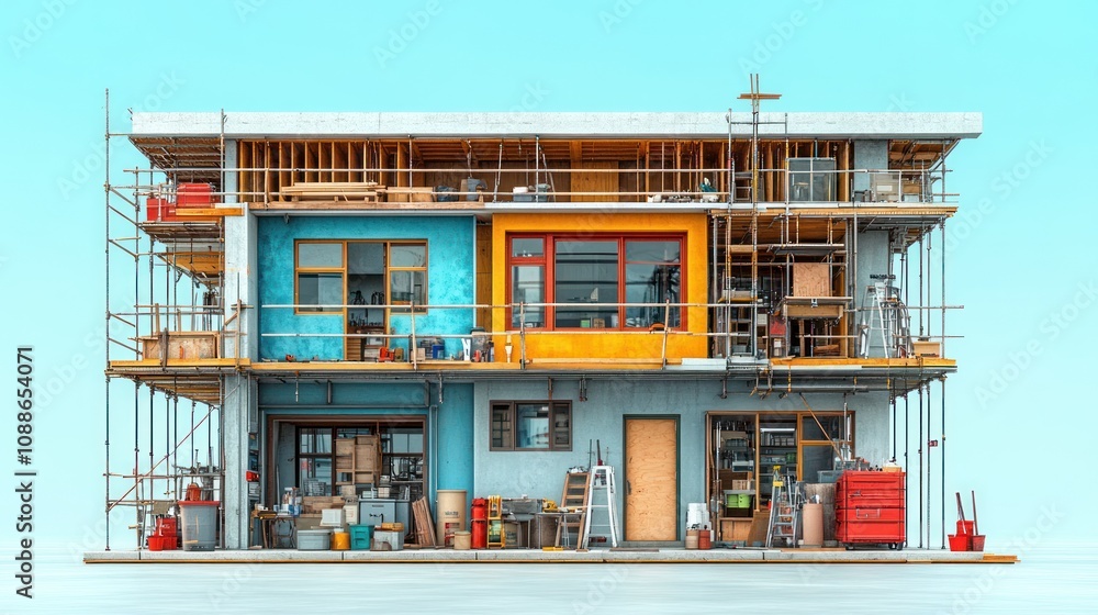 Poster modern building under construction with scaffolding and tools.
