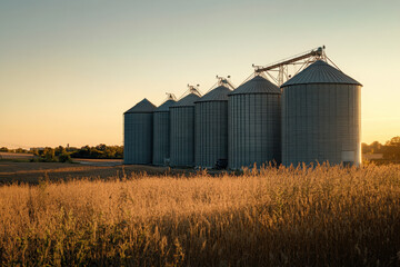 Golden hour sunlight illuminates a row of silos in a serene rural landscape, casting long shadows over the surrounding fields and creating a tranquil atmosphere.