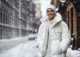 Handsome smiling young man in warm white winter jacket and knit hat. Blurred urban background. Closeup outdoor portrait on a snowy, winter street. Banner with copy space