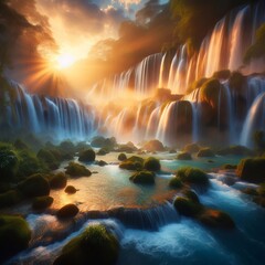 Waterfall at Dawn A majestic waterfall at dawn with mist and lig