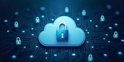 Cybersecurity Secure Cloud Storage, A cloud icon surrounded by locks and circuits, with copy space.
