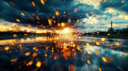Nature's Fury: Dramatic Rainstorm with Blurred Raindrops and Forming Puddles