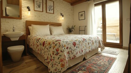 Cozy bedroom with floral bedding and natural light in a stylish accommodation