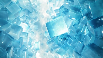 Abstract blue cubes in motion, creating a dynamic and energetic composition with soft lighting...