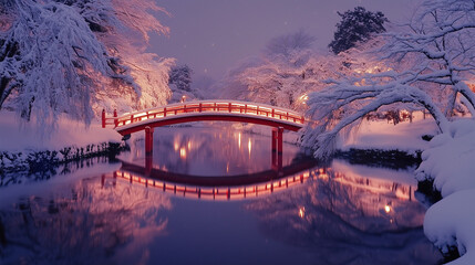 幻想的な雪降る夜の古都・雪化粧した伝統的な町並みと温かな灯りの風景｜歴史ある町家と石畳の路地が織りなす日本の美｜冬の観光スポット・旅行写真におすすめの絶景スポット【絶景夜景・雪景色】