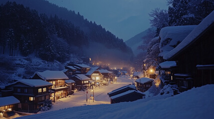 幻想的な雪降る夜の古都・雪化粧した伝統的な町並みと温かな灯りの風景｜歴史ある町家と石畳の路地が織りなす日本の美｜冬の観光スポット・旅行写真におすすめの絶景スポット【絶景夜景・雪景色】