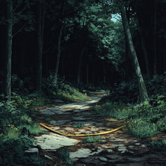 Fototapeta premium Crime Scene in Forest at Night with Disturbing Evidence, Blood, and Investigative Markers