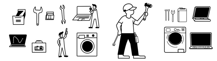 Fototapeta premium Set of washing machine repair linear icons. Hammer, screwdriver, and spanner tools.