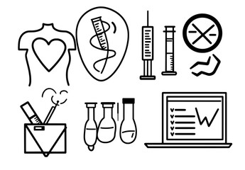 Icons of medical healthcare, doctors. Signs of drug testing, scientific discovery, and disease prevention. Icons of chemical formulas, medical doctor research, and chemistry testing labs. Quality