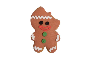 Homemade gingerbread cookie „Bitten Christmas man“ on white, isolated Christmas handmade gingerbread cookie „Bitten Christmas man“ on white background, top view, flat lay, PNG transparent