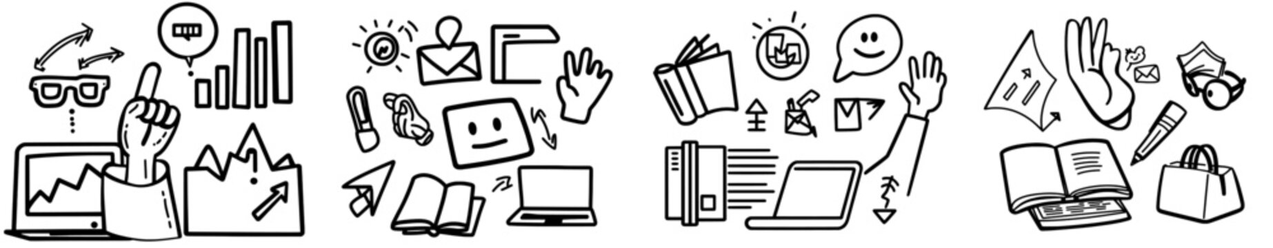 An icon set for technology. Includes travel loan, gesture, technical documentation, smile chat, diagram charts, and atom symbols for augmented reality, vehicle leasing, resilience, and augmented