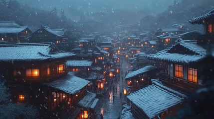 幻想的な雪降る夜の古都・雪化粧した伝統的な町並みと温かな灯りの風景｜歴史ある町家と石畳の路地が織りなす日本の美｜冬の観光スポット・旅行写真におすすめの絶景スポット【絶景夜景・雪景色】