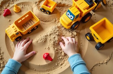 Obraz premium Child Playing with Toy Trucks in Sand