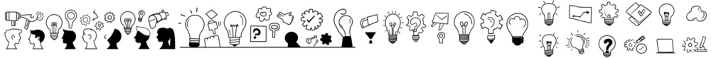 Modern business solutions thin line icon set containing problem-solving, innovation, creativity, thinking, discussion, teamwork, idea, lightbulb, puzzle, process, answers, and options