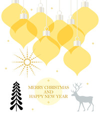 5031_Christmas greeting card with hanging baubles, Christmas tree and reindeer on white background