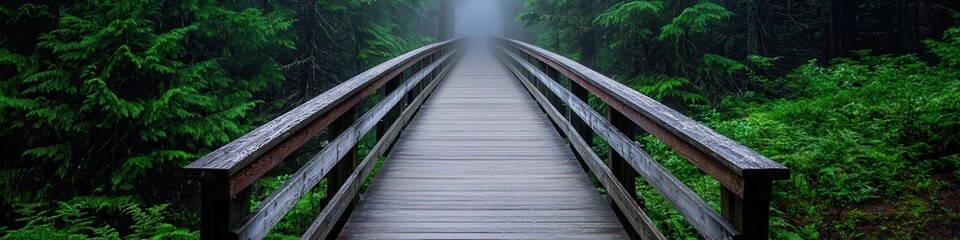 Fototapeta premium Misty forest walkway bridge in foggy green woods nature photography tranquil environment serene concept