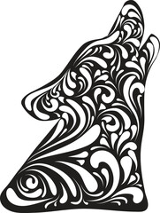 Ornamental head of howling wolf over white