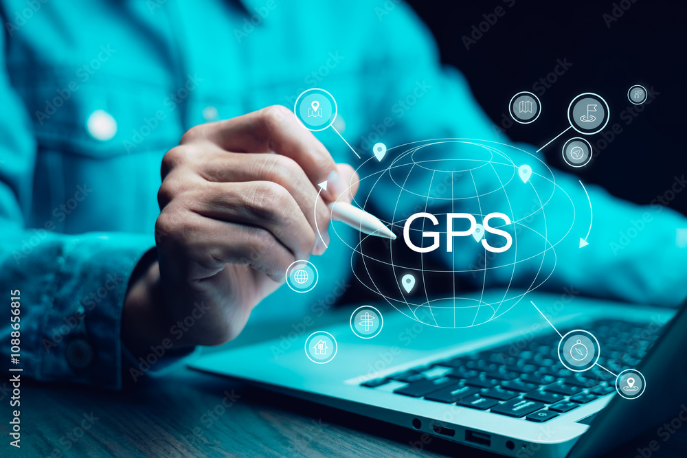 Poster man using laptop with virtual world and model map with location point , gps app, icon travel maps an