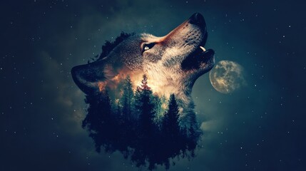 Obraz premium A striking digital artwork of a howling wolf overlaid with a forest and moonlit sky, evoking a sense of nature and wilderness.