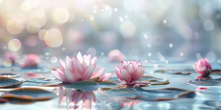 Beautiful pink lotus flowers float gently on a tranquil pond, surrounded by soft bokeh light. The serene and calming scene captures the essence of nature's elegance and beauty