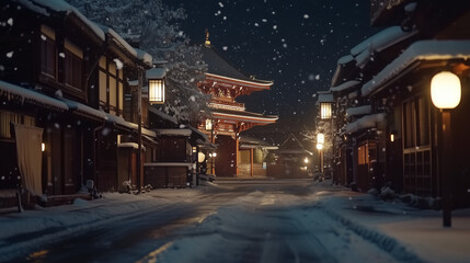 幻想的な雪降る夜の古都・雪化粧した伝統的な町並みと温かな灯りの風景｜歴史ある町家と石畳の路地が織りなす日本の美｜冬の観光スポット・旅行写真におすすめの絶景スポット【絶景夜景・雪景色】