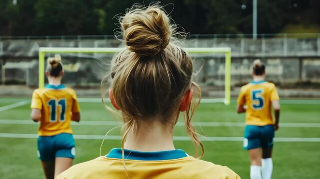 The back of a young woman with her hair in a bun is shown