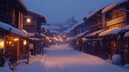 幻想的な雪降る夜の古都・雪化粧した伝統的な町並みと温かな灯りの風景｜歴史ある町家と石畳の路地が織りなす日本の美｜冬の観光スポット・旅行写真におすすめの絶景スポット【絶景夜景・雪景色】