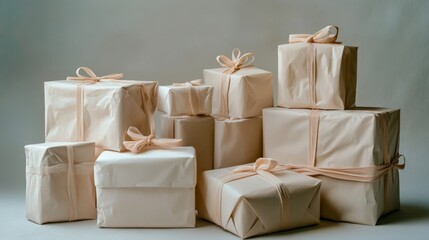 Coordinated Gift Ensemble, a stylish assortment of thoughtfully wrapped presents in uniform minimalist paper and elegant ribbons, perfect for any occasion or celebration.
