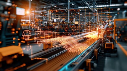 Fototapeta premium Efficient Production Line in Busy Factory with Conveyor Belt Carrying Raw Materials, Workers and Machinery in Motion