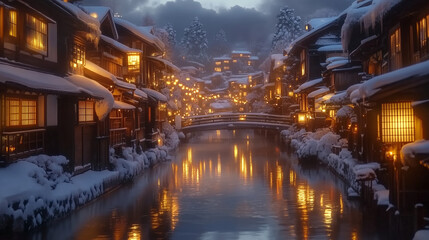 幻想的な雪降る夜の古都・雪化粧した伝統的な町並みと温かな灯りの風景｜歴史ある町家と石畳の路地が織りなす日本の美｜冬の観光スポット・旅行写真におすすめの絶景スポット【絶景夜景・雪景色】