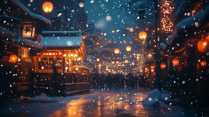 幻想的な雪降る夜の古都・雪化粧した伝統的な町並みと温かな灯りの風景｜歴史ある町家と石畳の路地が織りなす日本の美｜冬の観光スポット・旅行写真におすすめの絶景スポット【絶景夜景・雪景色】