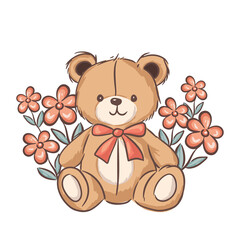 A cute teddy bear surrounded by colorful flowers, perfect for a children room decoration or card