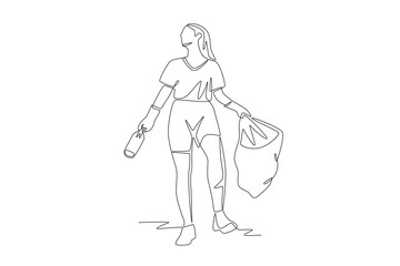 Woman collecting plastic waste. Plastic pollution concept one-line drawing