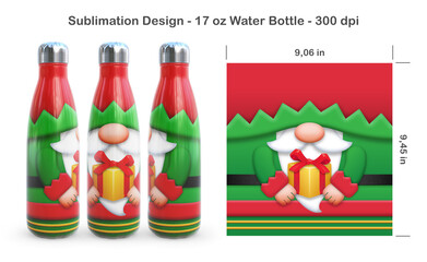Funny Christmas Elf. Seamless sublimation template for 17 oz water bottle. Sublimation illustration. Seamless from edge to edge. Full bottle wrap.
