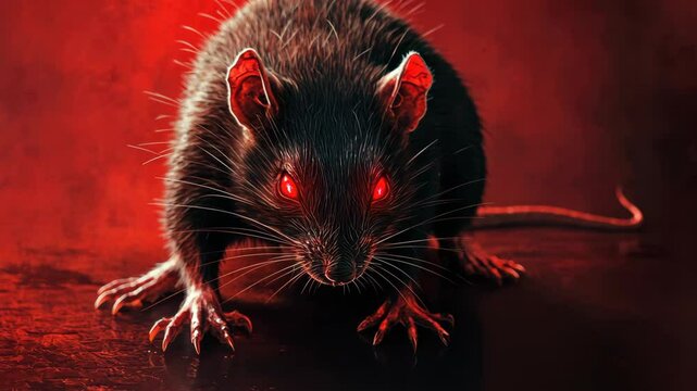 Creepy black rat with glowing red eyes on ominous background