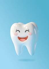 A cheerful cartoon tooth eyes, rosy cheeks, and a wide smile stands against a light blue background