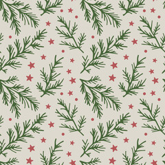 Seamless pattern with pine branches and stars Design for fabric scrapbook poster greeting in vector