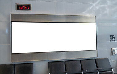 Landscape poster mockup at airport with white space and chairs