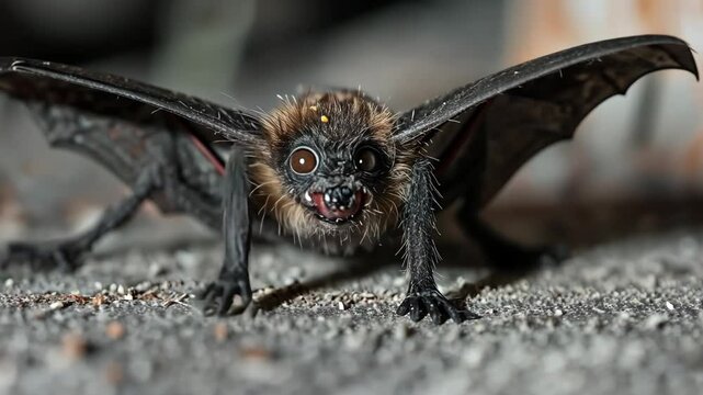 Close-up view of a small bat with dark brown fur and large, prominent eyes