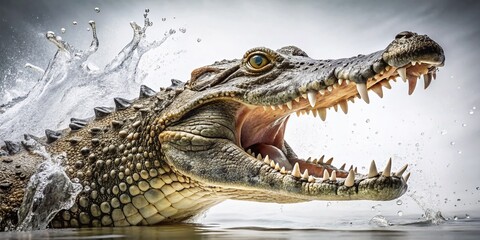Fototapeta premium Stunning Long Exposure Photography of a Crocodile with Its Mouth Open, Isolated Against a Pure White Background for Wildlife and Nature Enthusiasts
