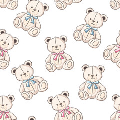 Adorable teddy bears in various colors seamless pattern create a charming design perfect for children textile