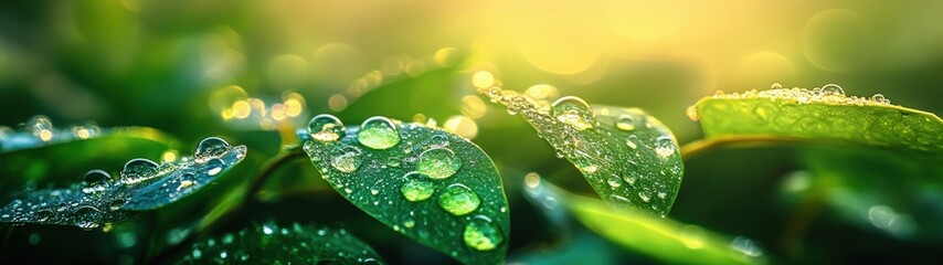 Close-up of vibrant green leaves adorned with water droplets, capturing the essence of freshness and nature's beauty.