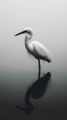Fototapeta premium Elegant white heron standing in calm water, creating a serene and tranquil atmosphere, reflecting beauty and nature's simplicity.