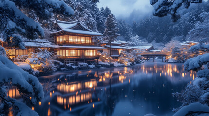 幻想的な雪降る夜の古都・雪化粧した伝統的な町並みと温かな灯りの風景｜歴史ある町家と石畳の路地が織りなす日本の美｜冬の観光スポット・旅行写真におすすめの絶景スポット【絶景夜景・雪景色】