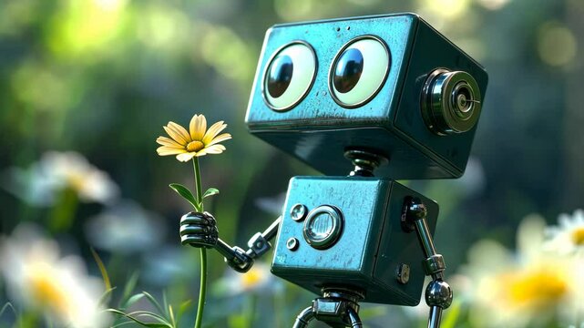 Charming vintage tin robot gently holding a delicate flower in a vibrant field